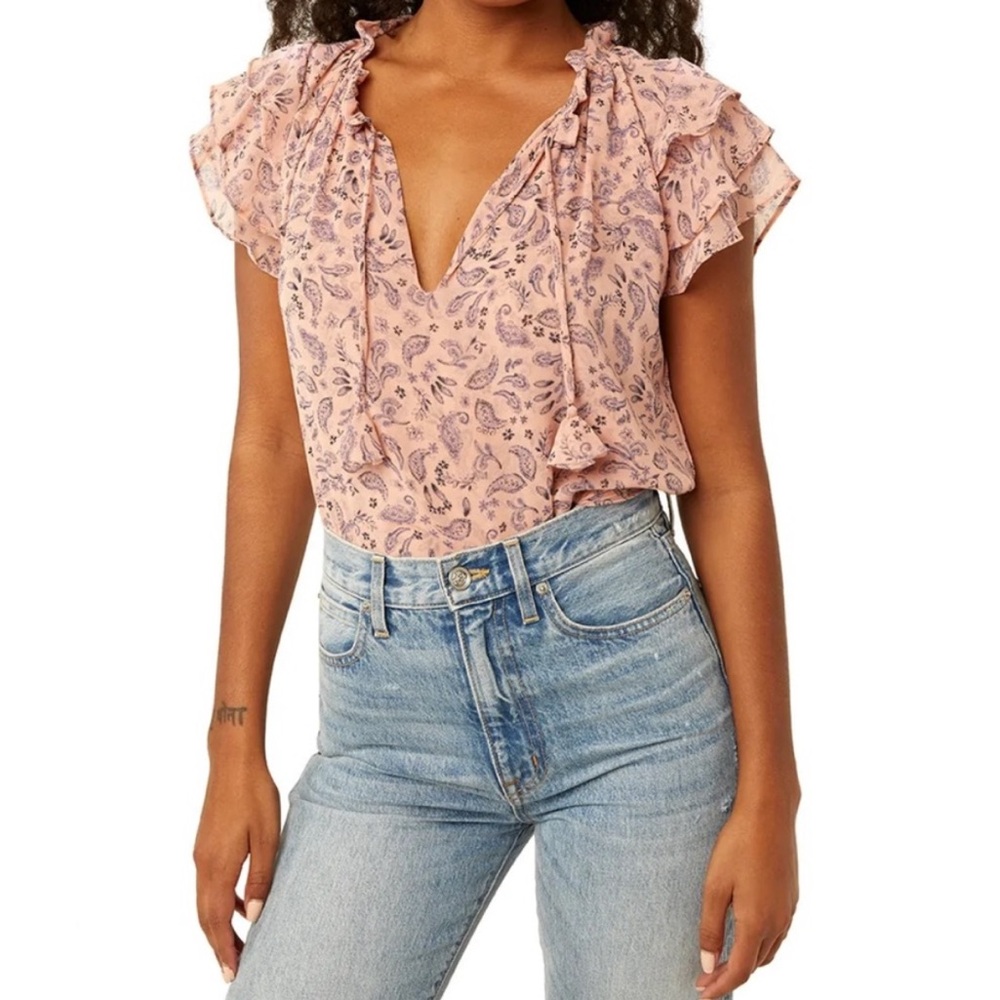 MISA Los Angeles pink paisley boho romantic ruffle blouse, size S